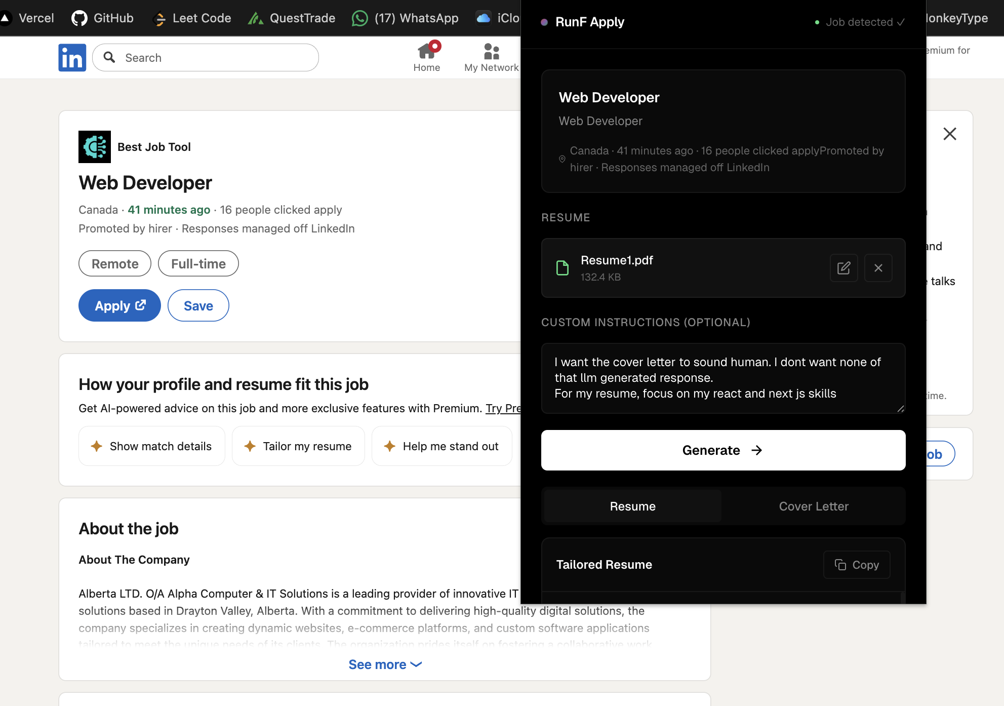 Resume tailoring in progress