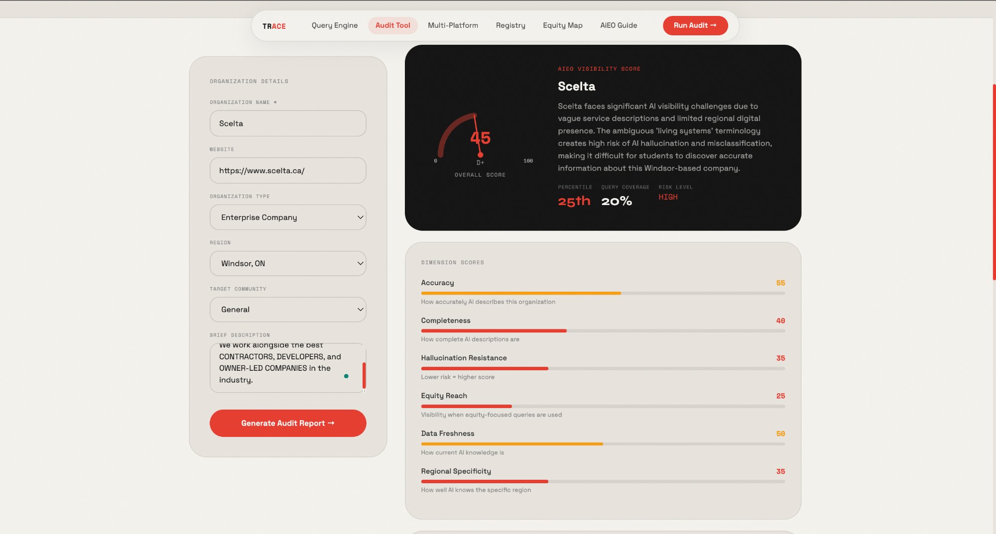 Audit tool with AiEO visibility score and dimension breakdown